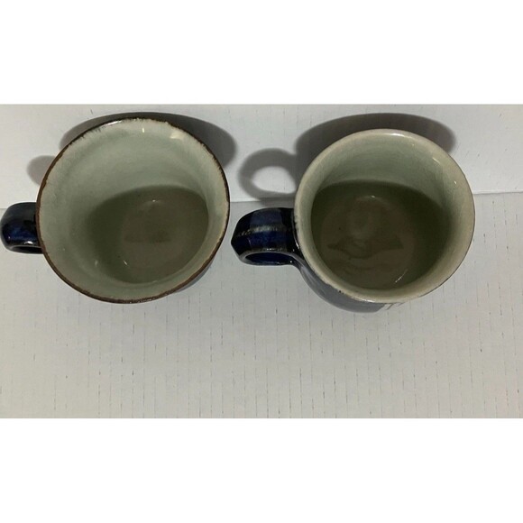 Two VNTG STONEWARE COBALT BLUE coffee MUGS VINTAGE STUDIO ART POTTERY stamped - Picture 9 of 16